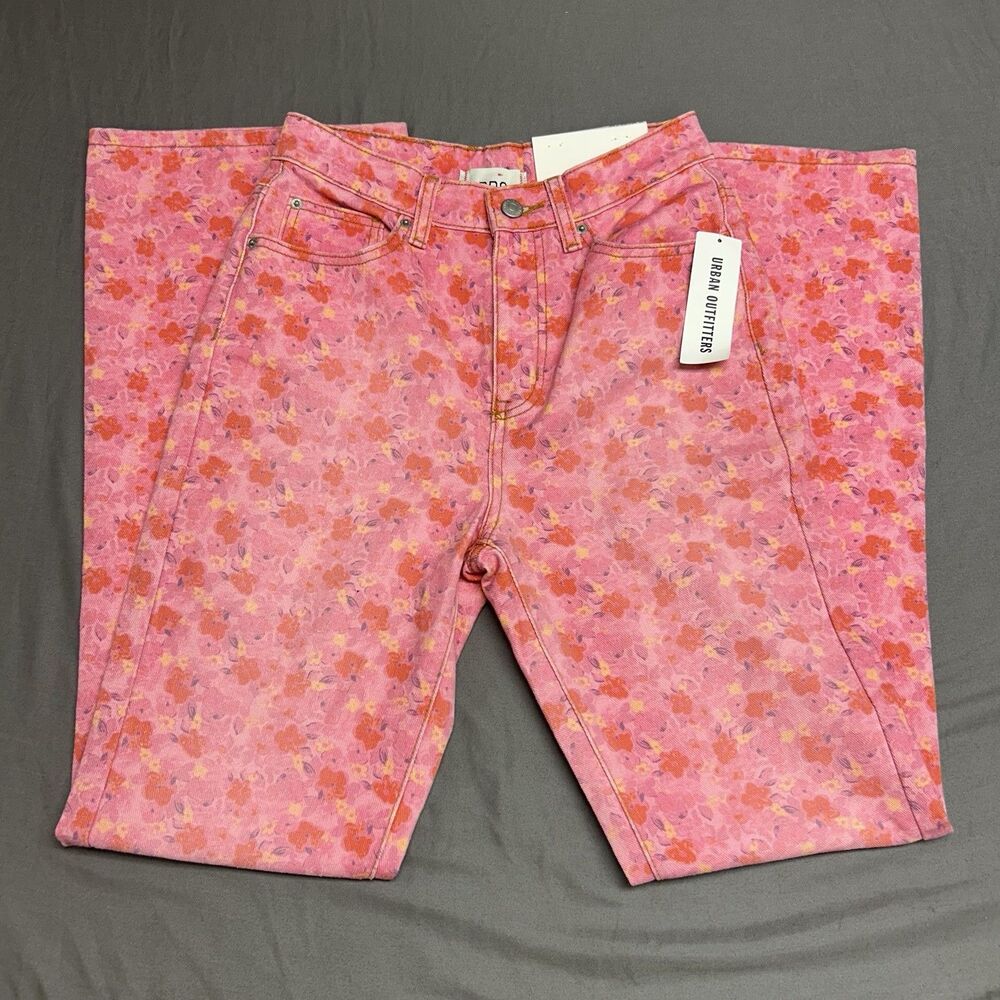 Urban Outfitters Women's BDG Painted Floral Jeans High Rise Flare, Pink NWT 25